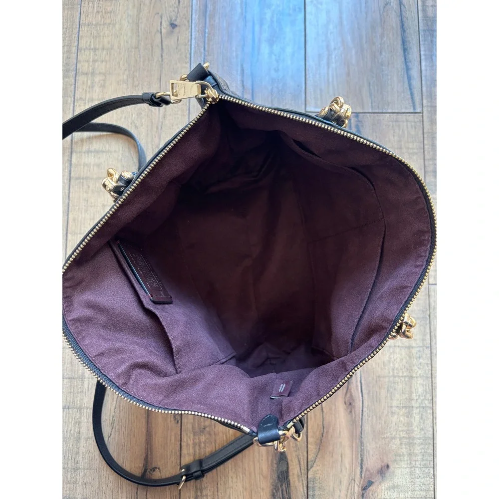 Coach Black Embossed Signature Leather Small Kelsey Satchel Gold Chain Detail - Picture 10 of 14